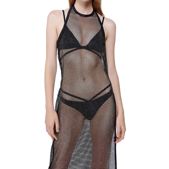 $595 Jonathan Simkhai Inaya Rhinestone Embellished Black Mesh Swim Coverup - Picture 11 of 17